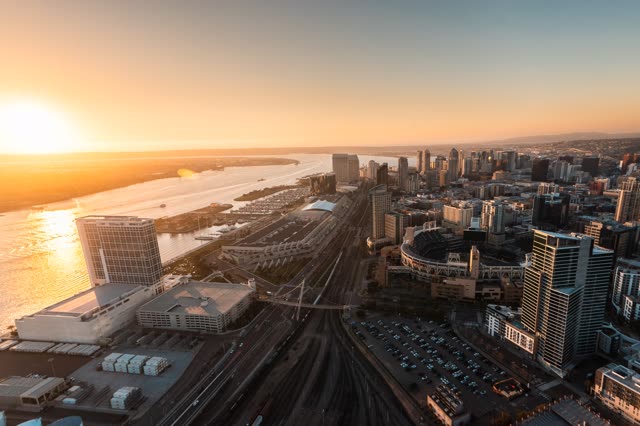 Aerial view of the downtown streets, the skyline and boats at San Diego Marina.