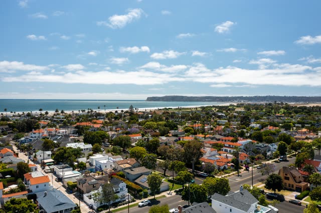 Aerial view of a residential street, palm trees and the ocean in Coronado.