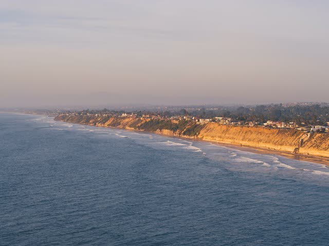 Aerial view of the cliffs, palm trees and the ocean in Encinitas.