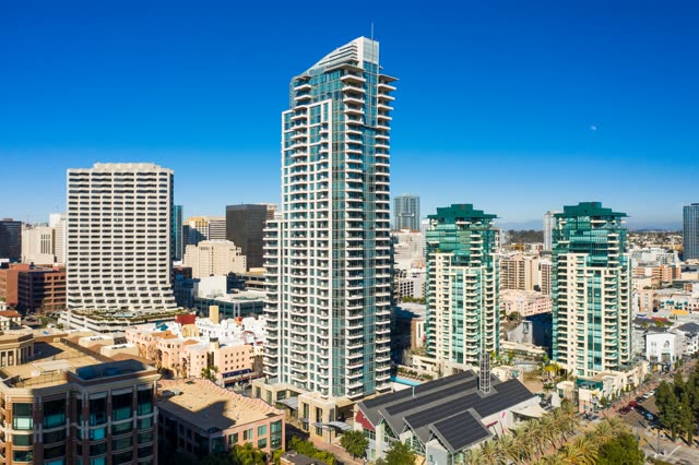 Aerial view of the downtown streets, the skyline and homes at San Diego Marina.