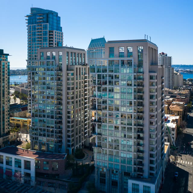 Aerial view of the downtown streets, the skyline and boats at San Diego Marina.