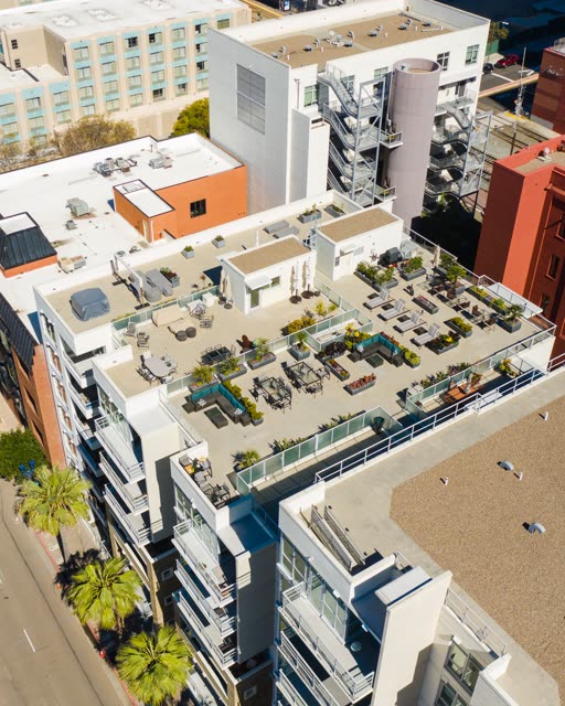 Aerial view of the downtown streets, palm trees and homes at Waterfront.