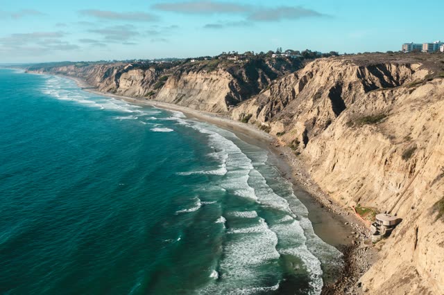 Aerial shots of La Jolla Shores Scripps Pier The cliffs of