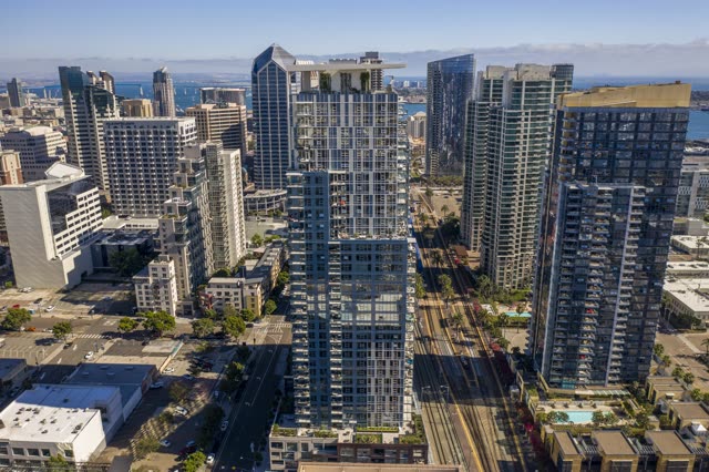 Aerial view of the downtown streets, the skyline and the bay at Waterfront.