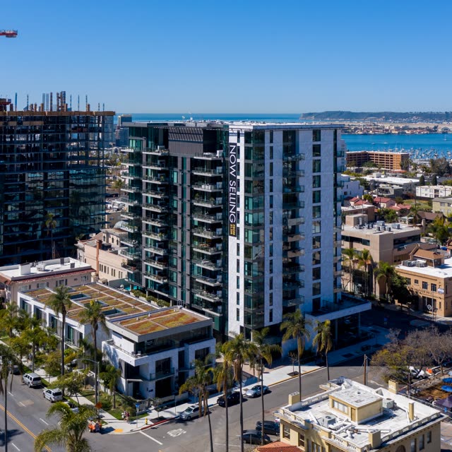 Aerial view of the downtown streets, boats and palm trees at Bankers Hill.