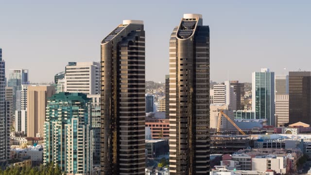Aerial view of the downtown streets, the skyline and the buildings at Embarcadero.