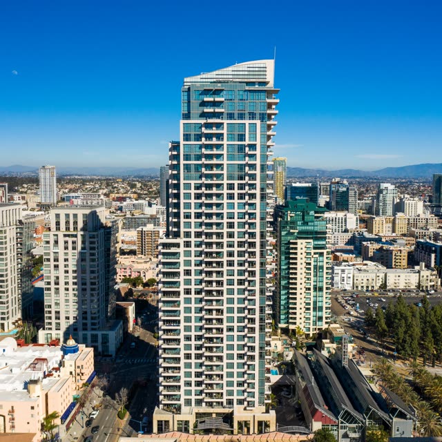 Aerial view of the downtown streets, the skyline and homes at San Diego Marina.