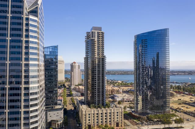 Aerial view of the downtown streets, the skyline and boats at Waterfront.