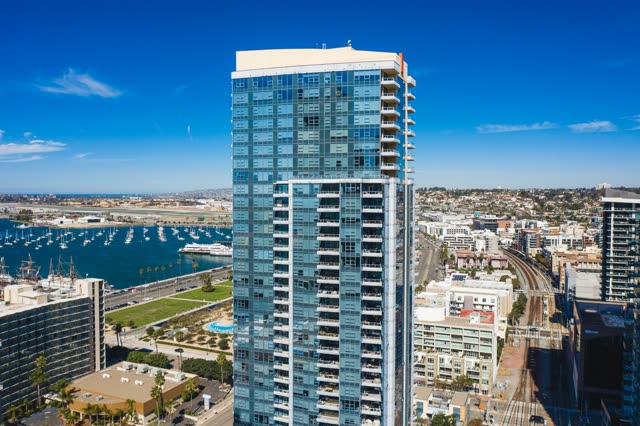 Aerial view of the downtown streets, the skyline and boats at Waterfront.