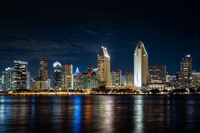 View from the water of the downtown streets, the skyline and the bay at San Diego Marina.