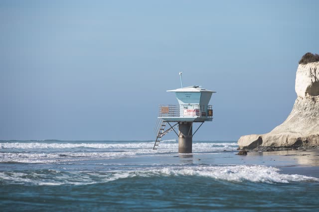 View from the water of the beach, the surf and the ocean in Cardiff.