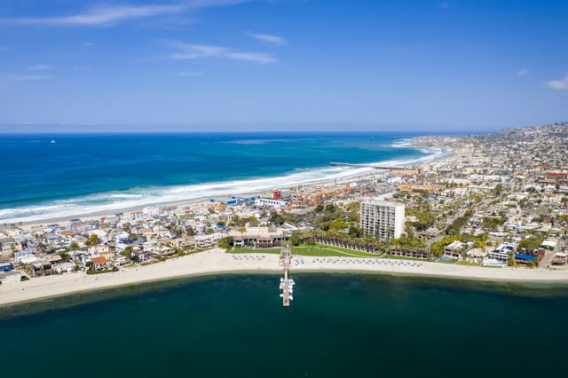 Aerial view of the beach, boats and the ocean in Mission Bay.