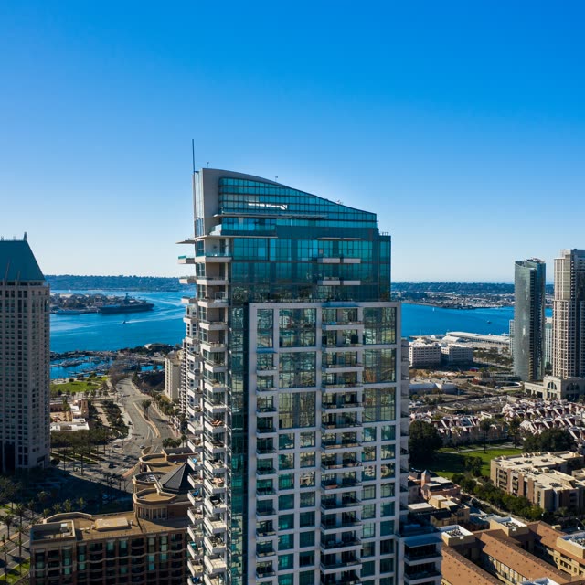 Aerial view of the downtown streets, the skyline and boats at San Diego Marina.