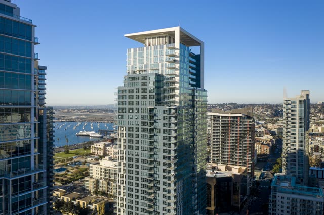 Aerial view of the downtown streets, the skyline and boats at Waterfront.