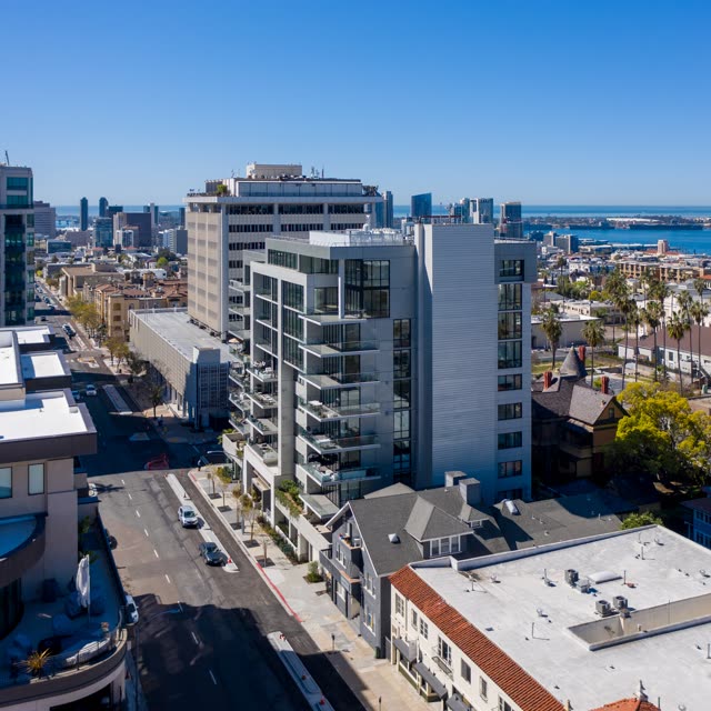 Aerial view of the downtown streets, the skyline and palm trees at Bankers Hill.