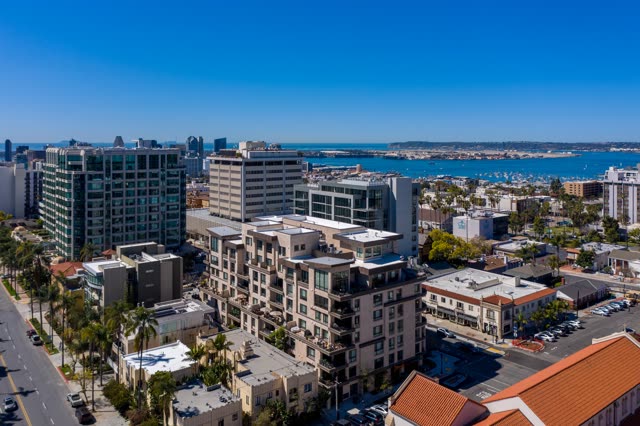 Aerial view of the downtown streets, the skyline and boats at Bankers Hill.
