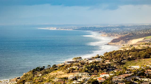 Elevated view of the cliffs, the ocean and homes at Mount Soledad.