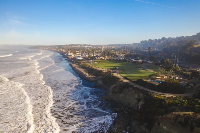 Aerial view of the beach, the surf and palm trees in Del Mar.