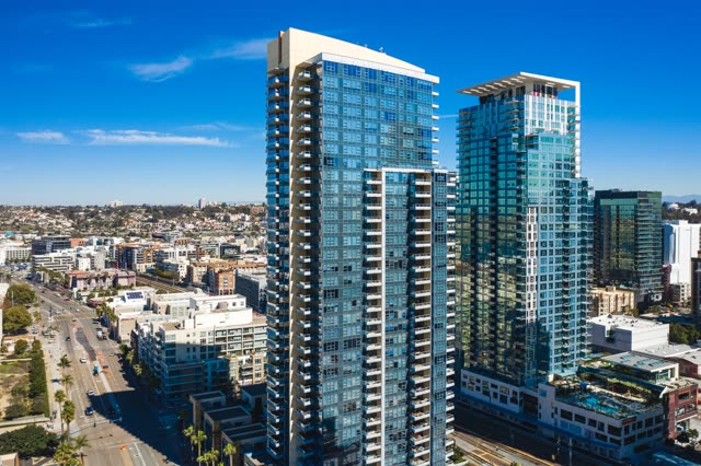 Aerial view of the downtown streets, the skyline and the buildings at Waterfront.