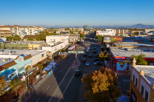 Aerial shot of the North Park sign on University Avenue | Photo