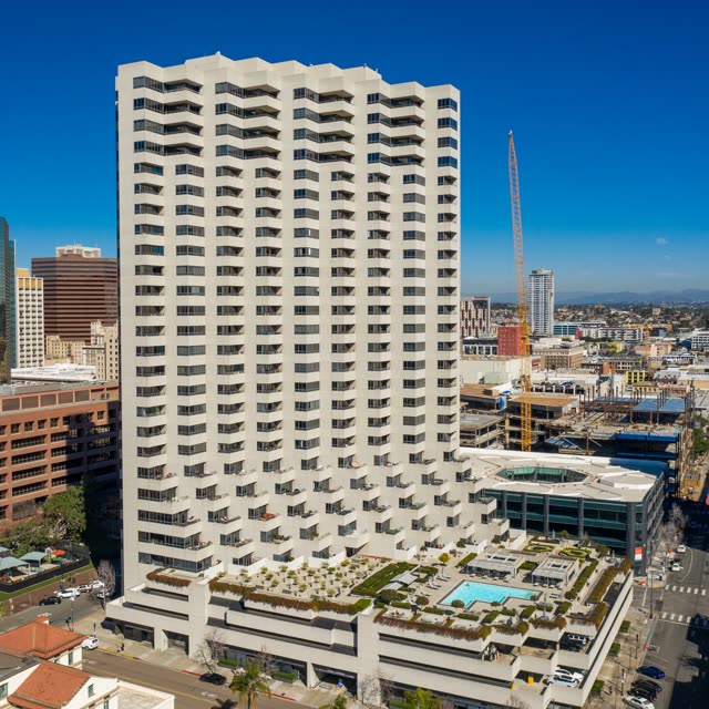 Aerial view of the downtown streets, the skyline and the buildings at San Diego Marina.