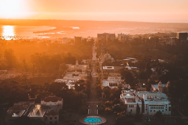 Aerial view of a park, the skyline and the bay at Bankers Hill.