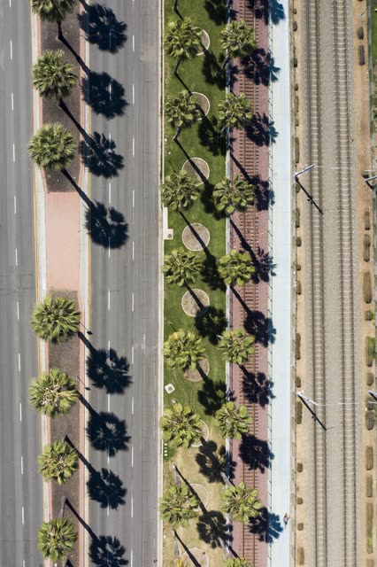 Aerial view of the downtown streets, palm trees and traffic at San Diego Marina.