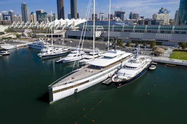 Aerial view of the harbor, the skyline and boats in Downtown San Diego.