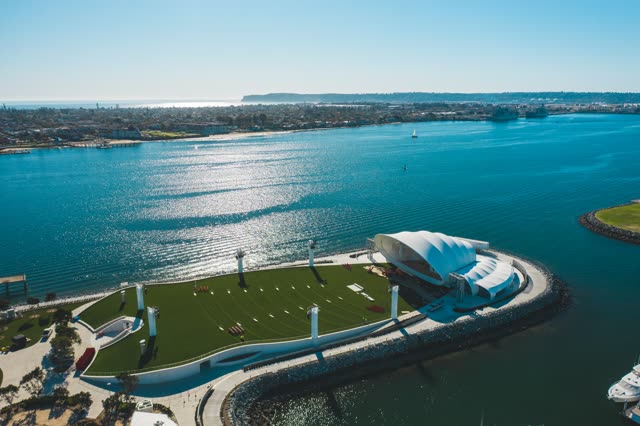Aerial view of the harbor, boats and the bay at Embarcadero.