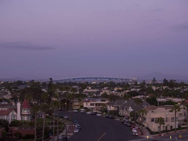 Aerial view of a residential street, the bridge and palm trees at Coronado Bridge.