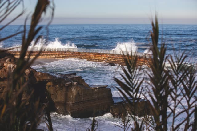 Elevated view of the cliffs, the surf and the ocean at La Jolla Cove.