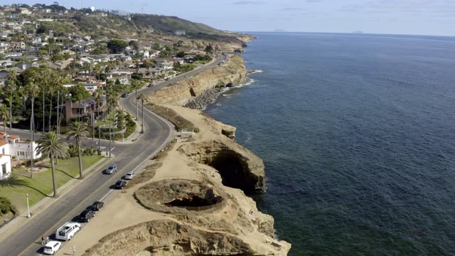 Aerial view of the cliffs, palm trees and the ocean at Sunset Cliffs.