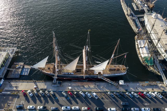 Aerial view of the harbor, boats and the bay at Waterfront.