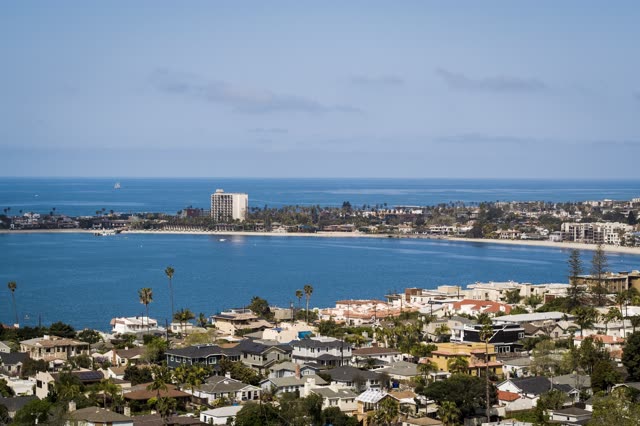 Elevated view of a residential street, boats and palm trees in Mission Bay.
