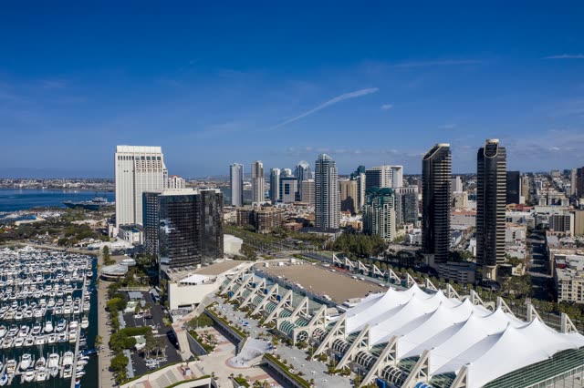 Aerial view of the downtown streets, the skyline and boats in Downtown San Diego.