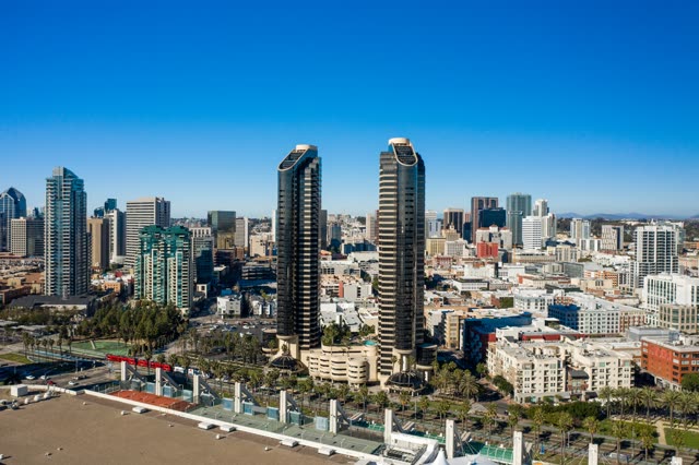 Aerial view of the downtown streets, the skyline and palm trees at San Diego Marina.