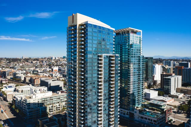 Aerial view of the downtown streets, the skyline and the buildings at Waterfront.