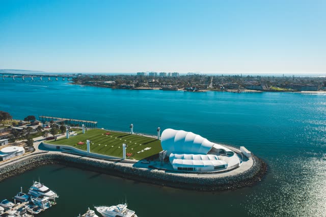 Aerial view of the harbor, the bridge and boats at Embarcadero.