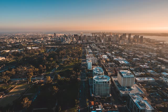 Aerial view of the downtown streets, the skyline and the bay at San Diego Marina.