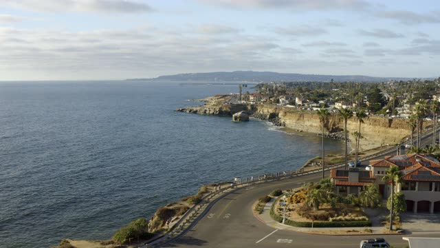 Aerial view of the cliffs, palm trees and the ocean at Sunset Cliffs.