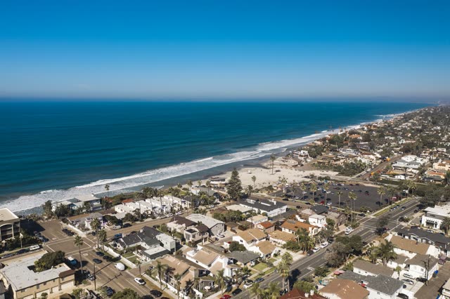Aerial view of the beach, the surf and palm trees in Encinitas.