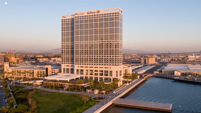 Aerial view of the downtown streets, palm trees and the bay at Embarcadero.