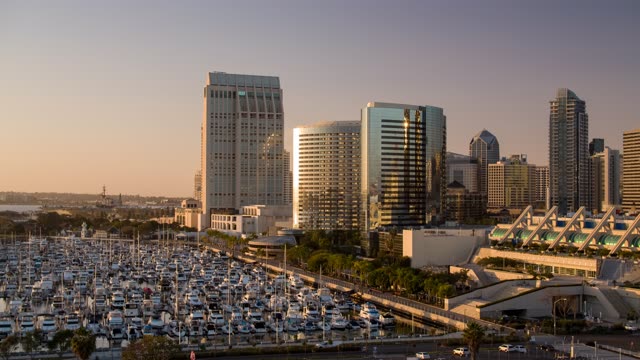 Aerial view of the downtown streets, the skyline and boats at Embarcadero.