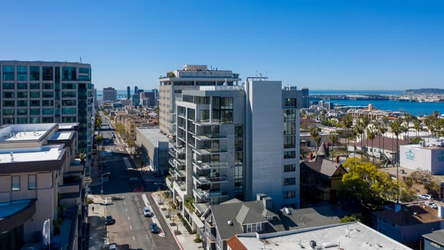 Aerial view of the downtown streets, the skyline and the bay at Bankers Hill.