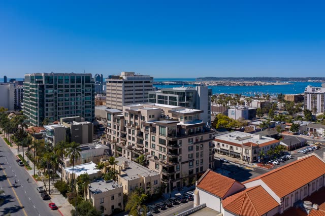 Aerial view of the downtown streets, boats and palm trees at Bankers Hill.