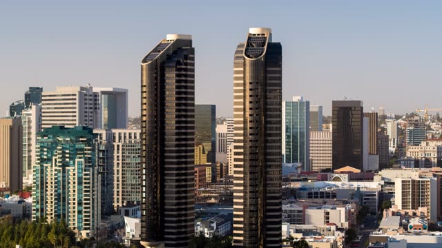 Aerial view of the downtown streets, the skyline and the buildings at Embarcadero.