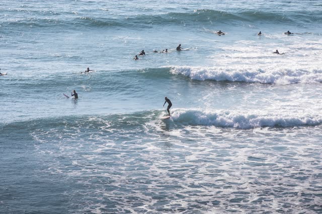 Low aerial view of the beach, the surf and the ocean in Encinitas, with surfers out.