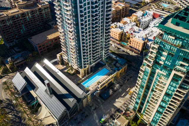 Aerial view of the downtown streets, the skyline and homes at San Diego Marina.