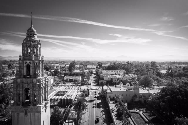 Aerial view of a park, palm trees and the buildings in Balboa Park.