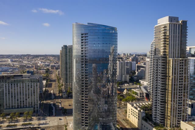 Aerial view of the downtown streets, the skyline and the buildings at Waterfront.